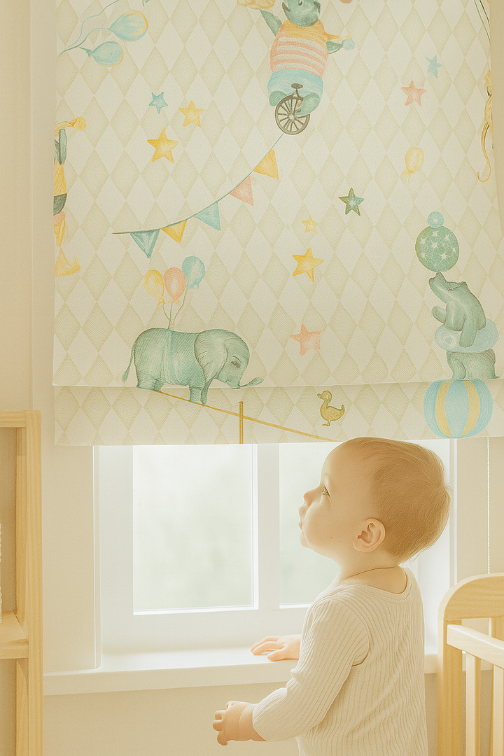 Vintage Circus Pure Linen Roman Blind – 5 Whimsical Colourways | Custom Kids & Nursery