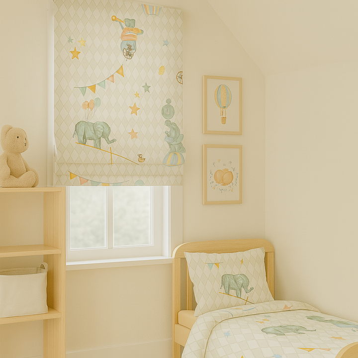 Vintage Circus Pure Linen Roman Blind – 5 Whimsical Colourways | Custom Kids & Nursery