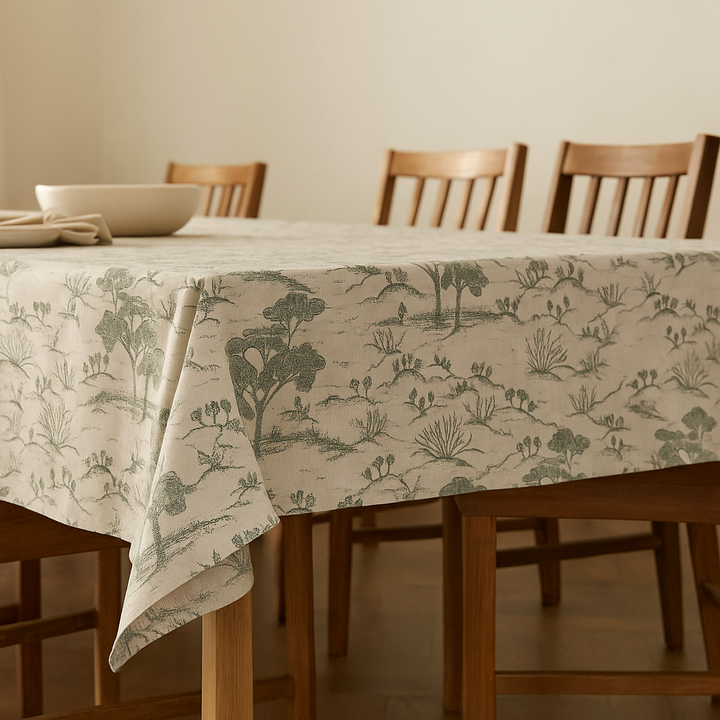 Organic Linen Tablecloth – Rustic Toile Design – 5 Colours – Rectangular, Square & Round Sizes