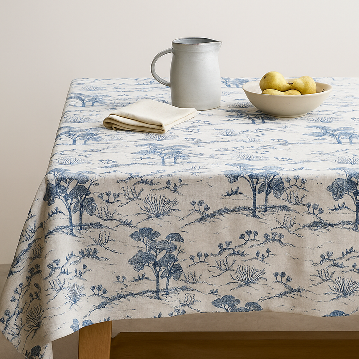 Organic Linen Tablecloth – Rustic Toile Design – 5 Colours – Rectangular, Square & Round Sizes