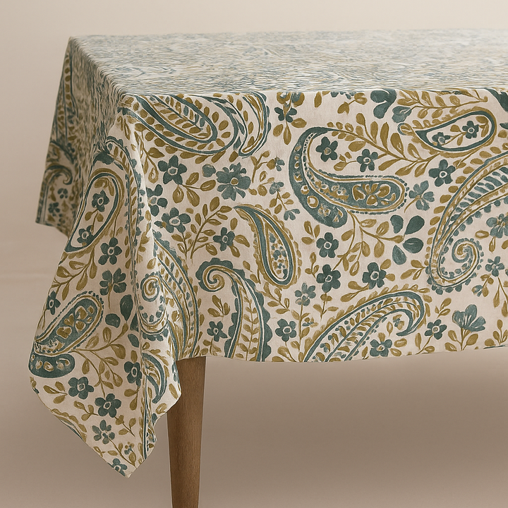 Organic Linen Paisley Tablecloth – White Teal, White Sand, Ivory Multi, Beige Navy, Mineral Red – Rectangular, Square & Round Sizes