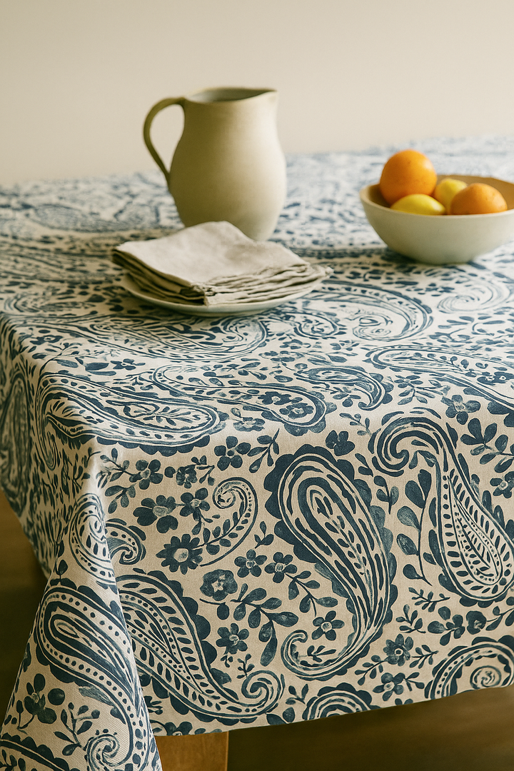 Organic Linen Paisley Tablecloth – White Teal, White Sand, Ivory Multi, Beige Navy, Mineral Red – Rectangular, Square & Round Sizes