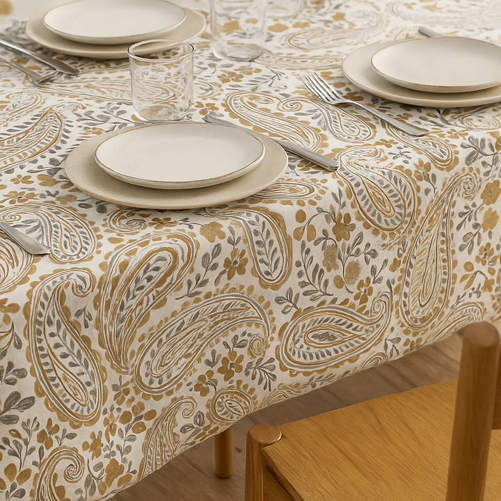 Organic Linen Paisley Tablecloth – White Teal, White Sand, Ivory Multi, Beige Navy, Mineral Red – Rectangular, Square & Round Sizes