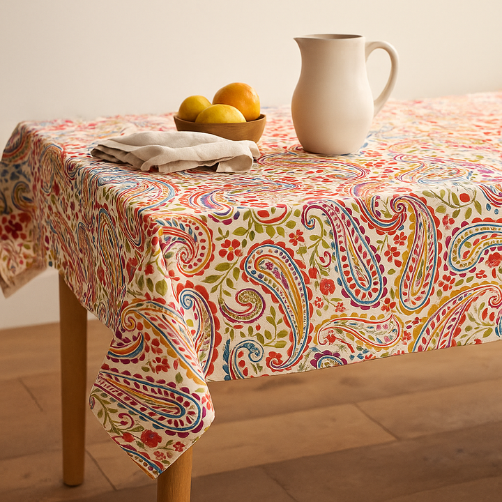 Organic Linen Paisley Tablecloth – White Teal, White Sand, Ivory Multi, Beige Navy, Mineral Red – Rectangular, Square & Round Sizes