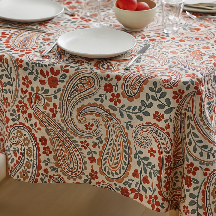 Organic Linen Paisley Tablecloth – White Teal, White Sand, Ivory Multi, Beige Navy, Mineral Red – Rectangular, Square & Round Sizes