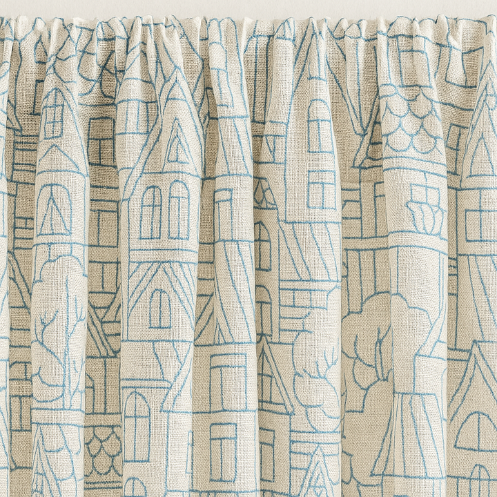 Embroidered Linen Curtains with Village House Pattern – 5 Colours – Blackout or Light Filtering Lined – Custom Sizes – Rod or Track Compatible