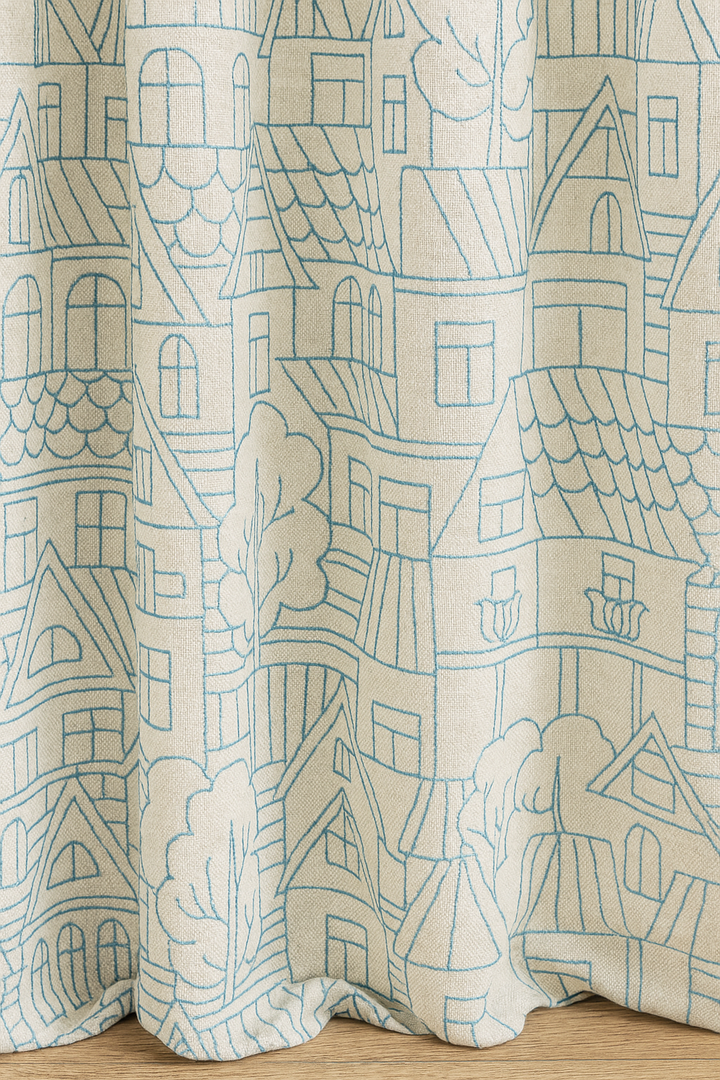 Embroidered Linen Curtains with Village House Pattern – 5 Colours – Blackout or Light Filtering Lined – Custom Sizes – Rod or Track Compatible