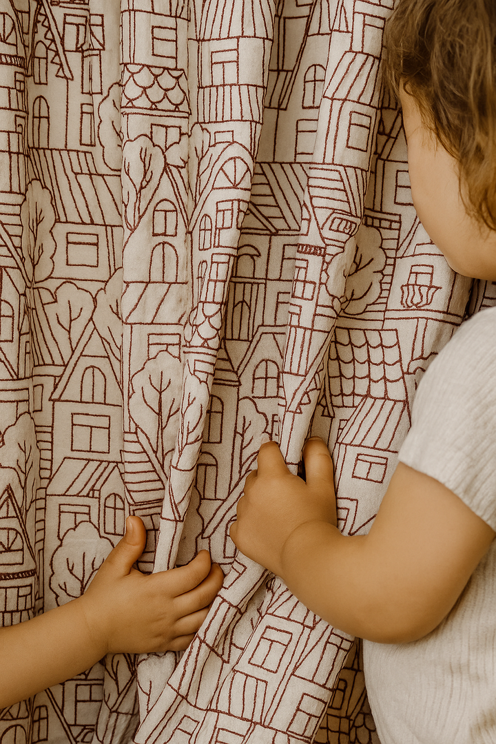 Embroidered Linen Curtains with Village House Pattern – 5 Colours – Blackout or Light Filtering Lined – Custom Sizes – Rod or Track Compatible