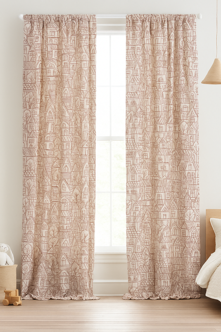 Embroidered Linen Curtains with Village House Pattern – 5 Colours – Blackout or Light Filtering Lined – Custom Sizes – Rod or Track Compatible