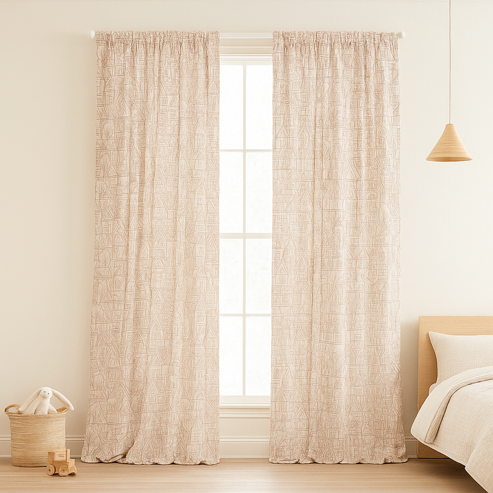 Embroidered Linen Curtains with Village House Pattern – 5 Colours – Blackout or Light Filtering Lined – Custom Sizes – Rod or Track Compatible
