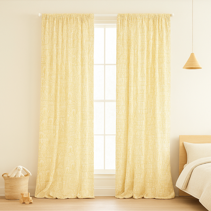 Embroidered Linen Curtains with Village House Pattern – 5 Colours – Blackout or Light Filtering Lined – Custom Sizes – Rod or Track Compatible