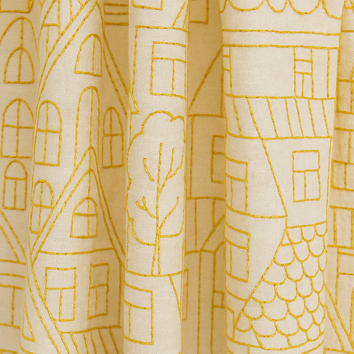 Embroidered Linen Curtains with Village House Pattern – 5 Colours – Blackout or Light Filtering Lined – Custom Sizes – Rod or Track Compatible