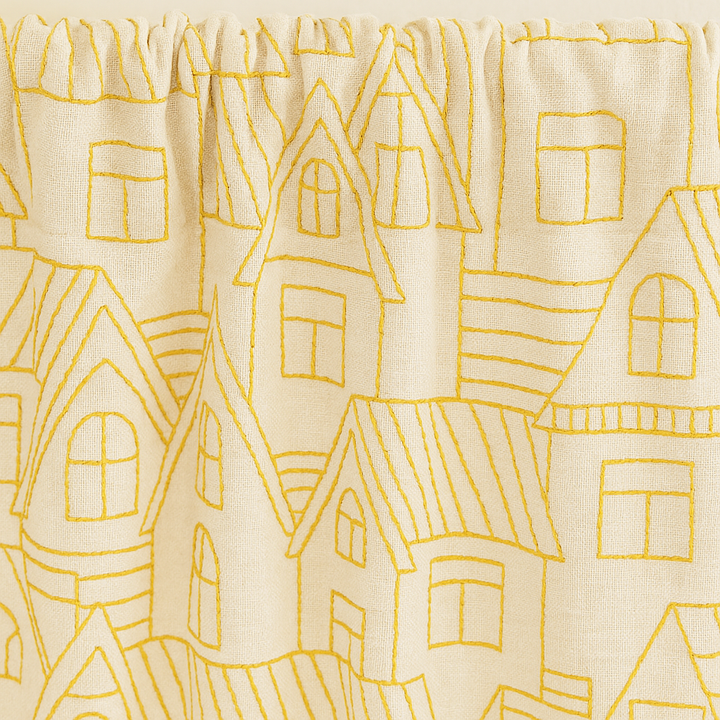 Embroidered Linen Curtains with Village House Pattern – 5 Colours – Blackout or Light Filtering Lined – Custom Sizes – Rod or Track Compatible