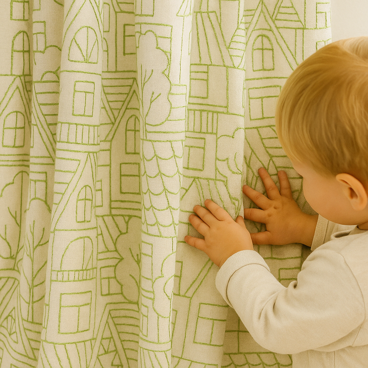 Embroidered Linen Curtains with Village House Pattern – 5 Colours – Blackout or Light Filtering Lined – Custom Sizes – Rod or Track Compatible