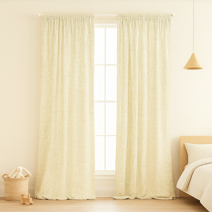 Embroidered Linen Curtains with Village House Pattern – 5 Colours – Blackout or Light Filtering Lined – Custom Sizes – Rod or Track Compatible