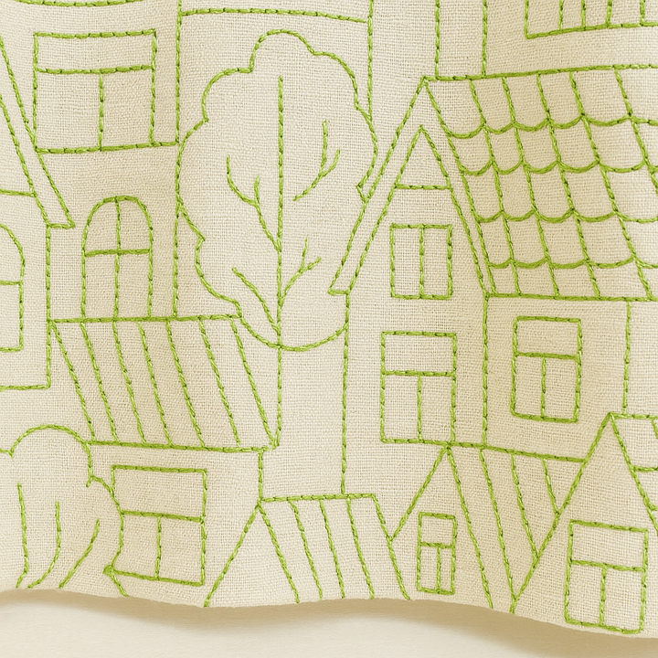 Embroidered Linen Curtains with Village House Pattern – 5 Colours – Blackout or Light Filtering Lined – Custom Sizes – Rod or Track Compatible