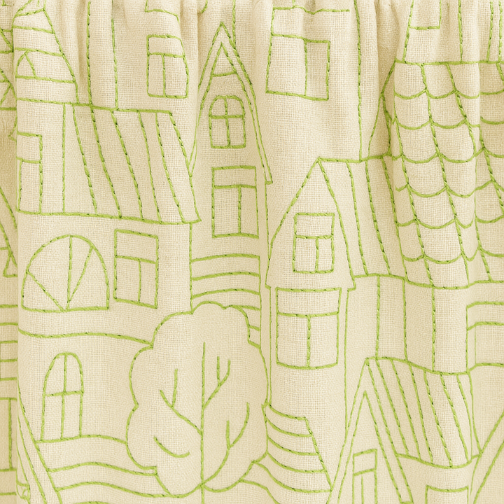 Embroidered Linen Curtains with Village House Pattern – 5 Colours – Blackout or Light Filtering Lined – Custom Sizes – Rod or Track Compatible