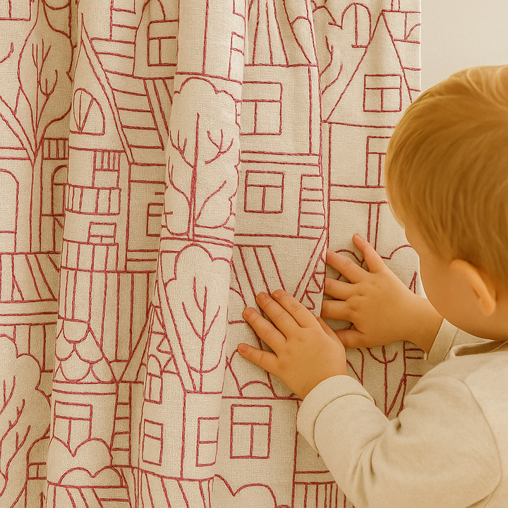 Embroidered Linen Curtains with Village House Pattern – 5 Colours – Blackout or Light Filtering Lined – Custom Sizes – Rod or Track Compatible