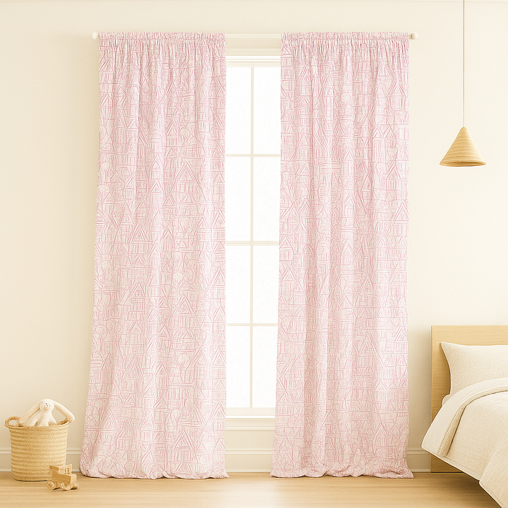 Embroidered Linen Curtains with Village House Pattern – 5 Colours – Blackout or Light Filtering Lined – Custom Sizes – Rod or Track Compatible