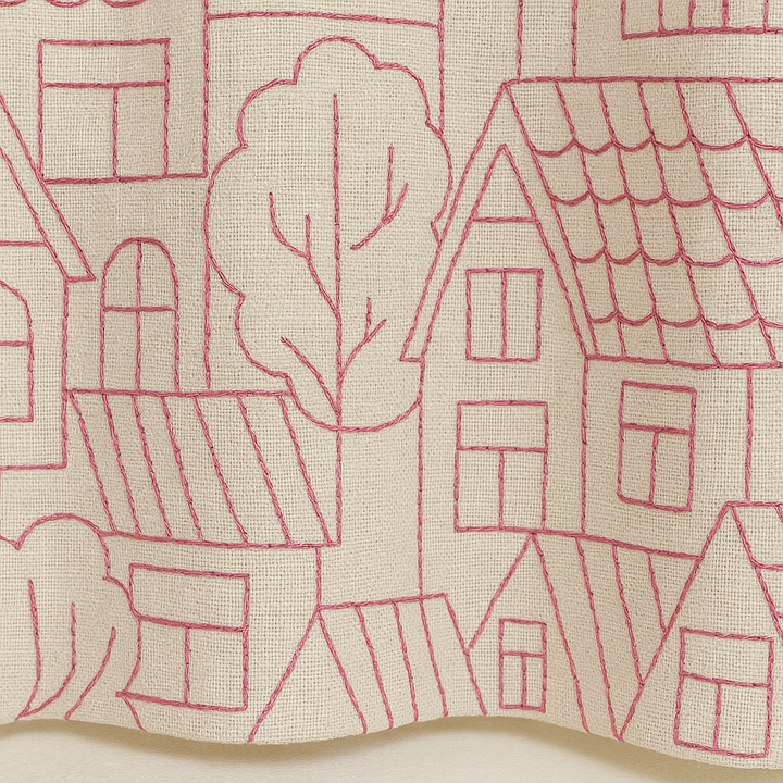 Embroidered Linen Curtains with Village House Pattern – 5 Colours – Blackout or Light Filtering Lined – Custom Sizes – Rod or Track Compatible