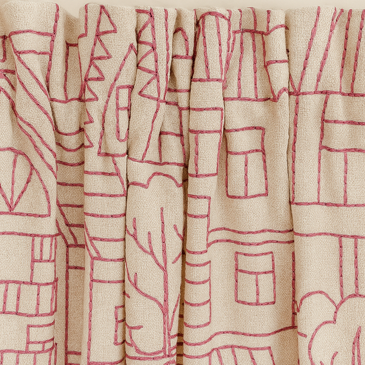 Embroidered Linen Curtains with Village House Pattern – 5 Colours – Blackout or Light Filtering Lined – Custom Sizes – Rod or Track Compatible