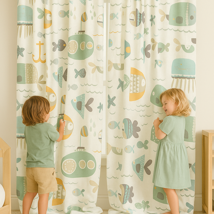 Soft Nautical Print Pure Linen Curtain – Kids Room | Blackout or Cotton Lined | Custom Sizes