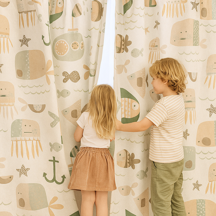 Soft Nautical Print Pure Linen Curtain – Kids Room | Blackout or Cotton Lined | Custom Sizes