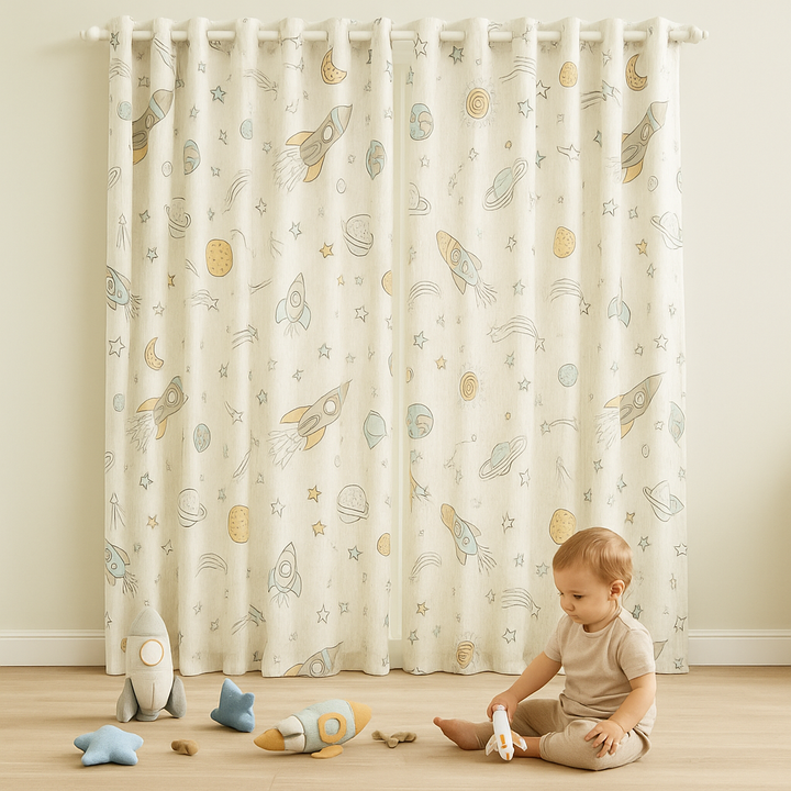 Space Rocket Organic Linen Kids Curtains – Made-to-Measure, Blackout or Light-Filtering