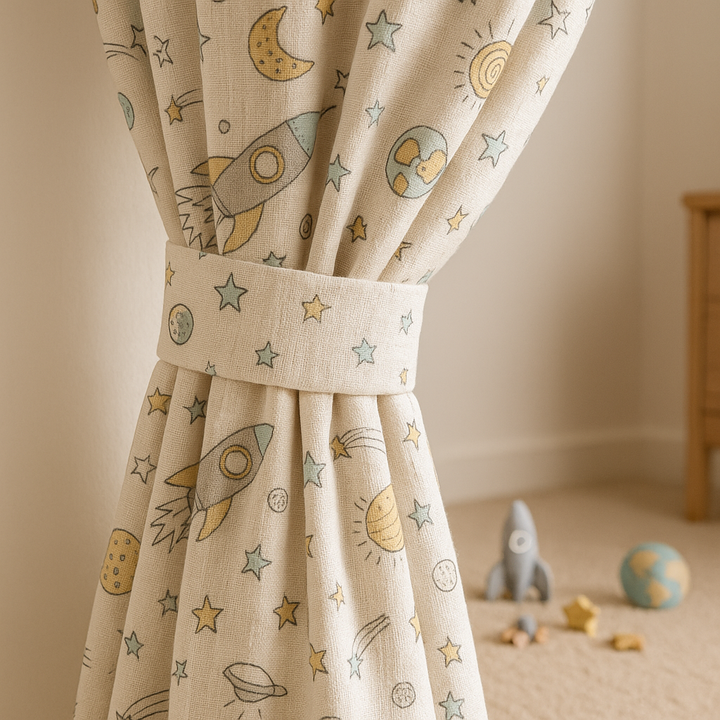 Space Rocket Organic Linen Kids Curtains – Made-to-Measure, Blackout or Light-Filtering