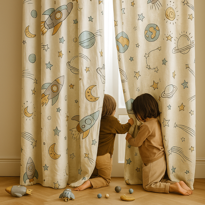 Space Rocket Organic Linen Kids Curtains – Made-to-Measure, Blackout or Light-Filtering
