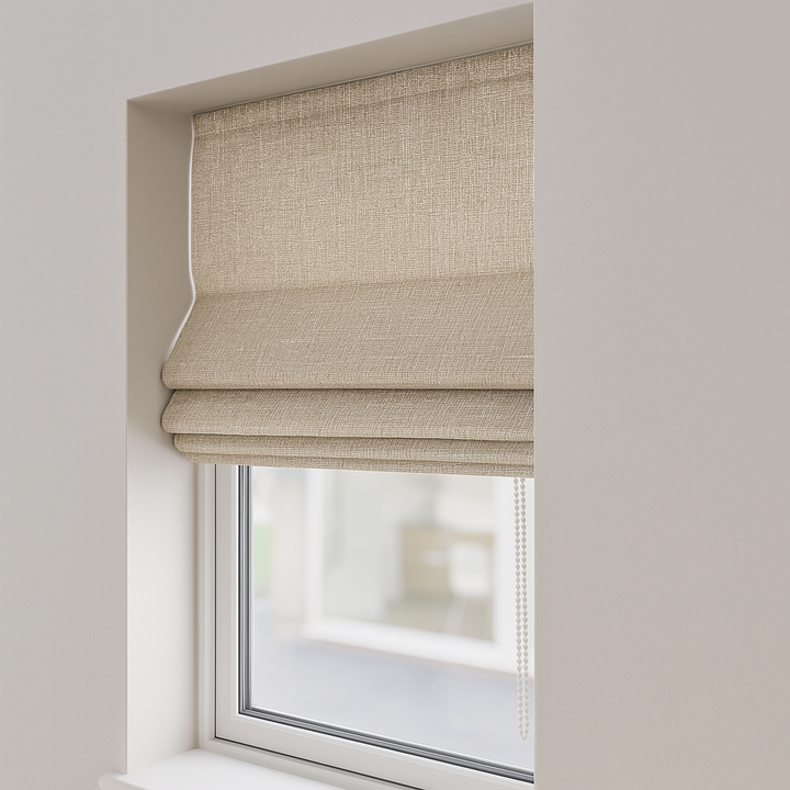 Organic Textured Linen-Cotton Corded Roman Blind – Custom Sizes, Light-Filtering or 100 % Blackout Liner | Inside & Outside Recess Fit | 8 Colours