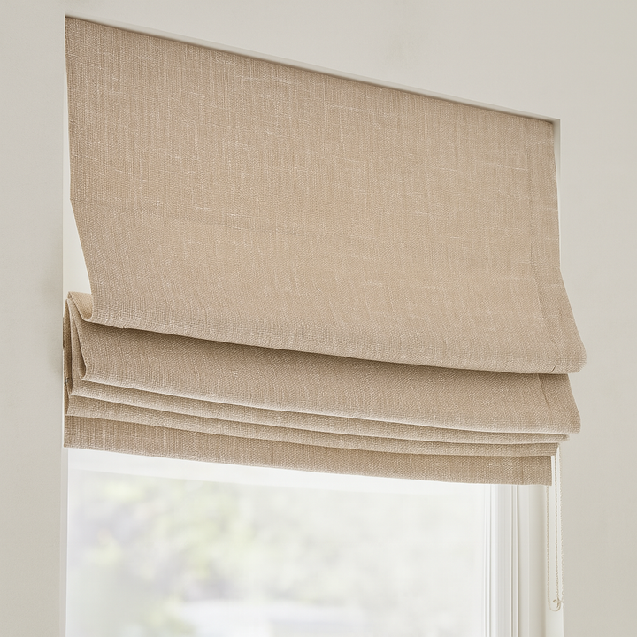 Organic Textured Linen-Cotton Corded Roman Blind – Custom Sizes, Light-Filtering or 100 % Blackout Liner | Inside & Outside Recess Fit | 8 Colours