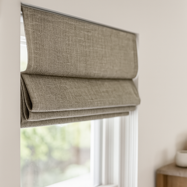 Organic Textured Linen-Cotton Corded Roman Blind – Custom Sizes, Light-Filtering or 100 % Blackout Liner | Inside & Outside Recess Fit | 8 Colours