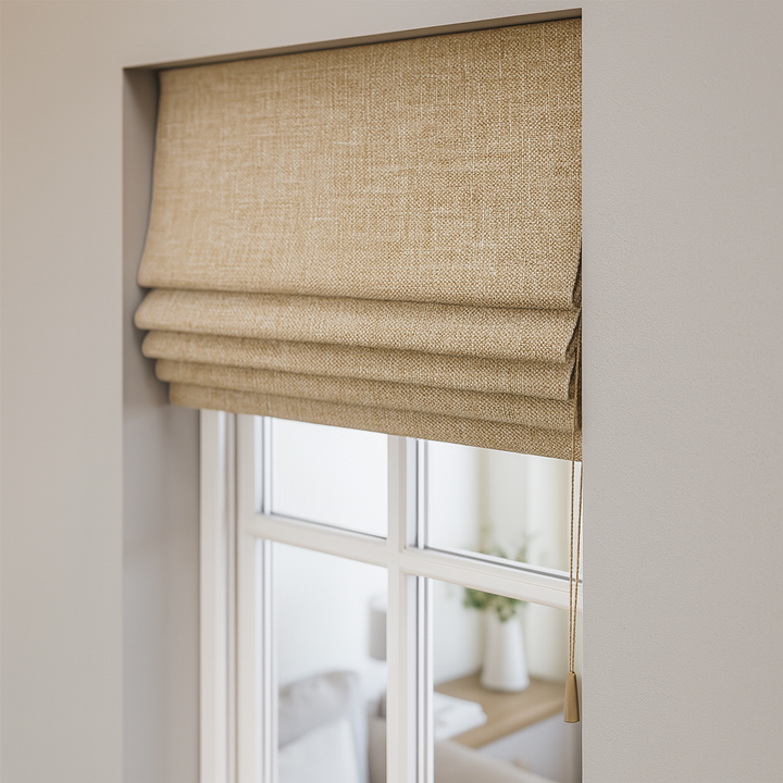 Organic Textured Linen-Cotton Corded Roman Blind – Custom Sizes, Light-Filtering or 100 % Blackout Liner | Inside & Outside Recess Fit | 8 Colours