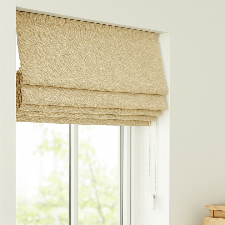 Organic Textured Linen-Cotton Corded Roman Blind – Custom Sizes, Light-Filtering or 100 % Blackout Liner | Inside & Outside Recess Fit | 8 Colours