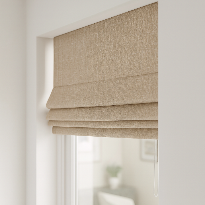 Organic Textured Linen-Cotton Corded Roman Blind – Custom Sizes, Light-Filtering or 100 % Blackout Liner | Inside & Outside Recess Fit | 8 Colours