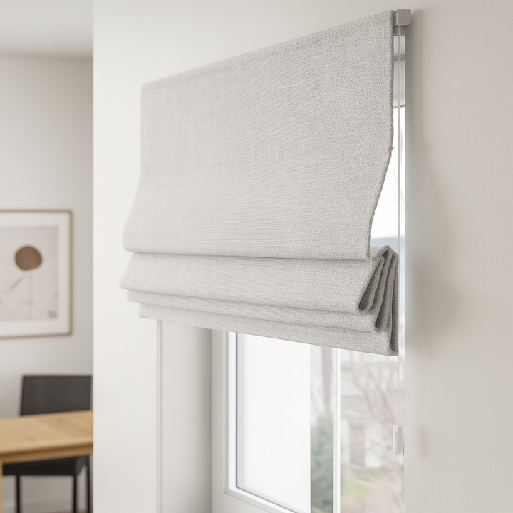 Organic Textured Linen-Cotton Corded Roman Blind – Custom Sizes, Light-Filtering or 100 % Blackout Liner | Inside & Outside Recess Fit | 8 Colours