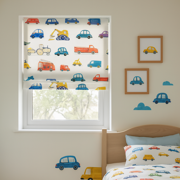Kids Car Print Roman Blind – Pure Linen Corded Shade for Nursery & Children's Room | Light Filtering or 100% Blackout Liner | Custom Size | Recess & Outside Fit