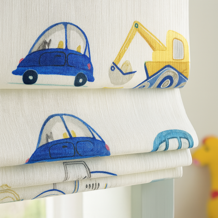 Kids Car Print Roman Blind – Pure Linen Corded Shade for Nursery & Children's Room | Light Filtering or 100% Blackout Liner | Custom Size | Recess & Outside Fit