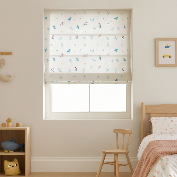 Embroidered Birds Roman Blind – Pure Linen Corded Shade for Kids & Nursery | Light Filtering or Blackout | Custom Size | Recess & Outside Fit