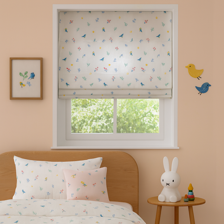 Embroidered Birds Roman Blind – Pure Linen Corded Shade for Kids & Nursery | Light Filtering or Blackout | Custom Size | Recess & Outside Fit