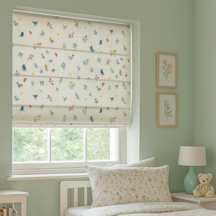 Embroidered Birds Roman Blind – Pure Linen Corded Shade for Kids & Nursery | Light Filtering or Blackout | Custom Size | Recess & Outside Fit