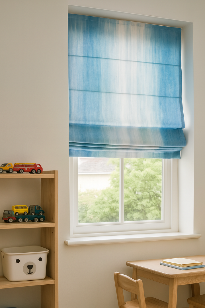 Blue Ombre Linen Roman Blind – Custom Corded Shade for Kids Room or Nursery | Blackout or Light Filtering Liner | Recess & Outside Fit | Pure Linen