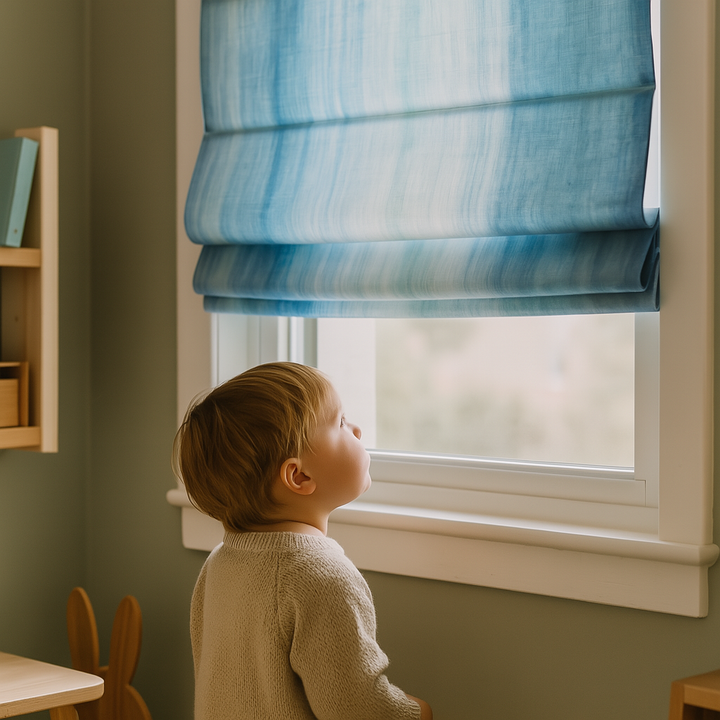 Blue Ombre Linen Roman Blind – Custom Corded Shade for Kids Room or Nursery | Blackout or Light Filtering Liner | Recess & Outside Fit | Pure Linen