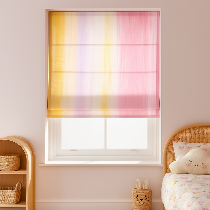 Pink & Yellow Ombre Roman Blind – Pure Linen Corded Kids Shade | Custom Size | Light Filtering or 100% Blackout Liner | Recess & Outside Mount Options