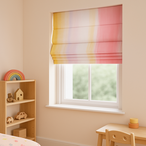 Pink & Yellow Ombre Roman Blind – Pure Linen Corded Kids Shade | Custom Size | Light Filtering or 100% Blackout Liner | Recess & Outside Mount Options