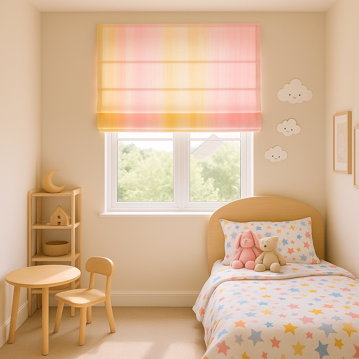 Pink & Yellow Ombre Roman Blind – Pure Linen Corded Kids Shade | Custom Size | Light Filtering or 100% Blackout Liner | Recess & Outside Mount Options