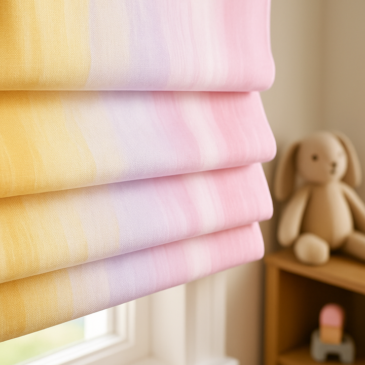 Pink & Yellow Ombre Roman Blind – Pure Linen Corded Kids Shade | Custom Size | Light Filtering or 100% Blackout Liner | Recess & Outside Mount Options