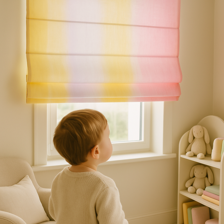 Pink & Yellow Ombre Roman Blind – Pure Linen Corded Kids Shade | Custom Size | Light Filtering or 100% Blackout Liner | Recess & Outside Mount Options