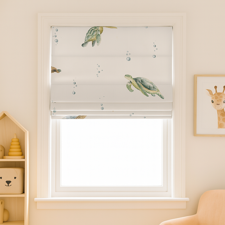 Sea Turtle Roman Blind – Pure Linen Corded Nursery Shade | Custom Size | Light Filtering or 100% Blackout Liner | Recess & Outside Fit | Ocean Theme Kids Blind